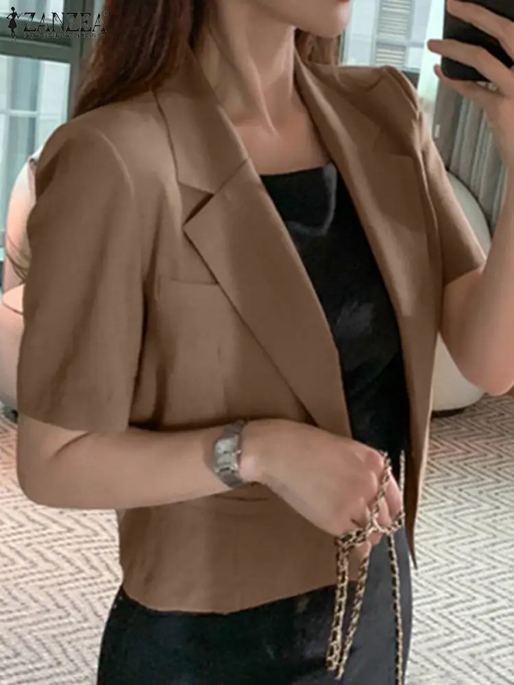 

ZANZEA Notched Lapel Short Sleeve Short Blazer Women Korean Fashion Elegant Commute Thin Blazer Tops Office Lady Cropped Suits