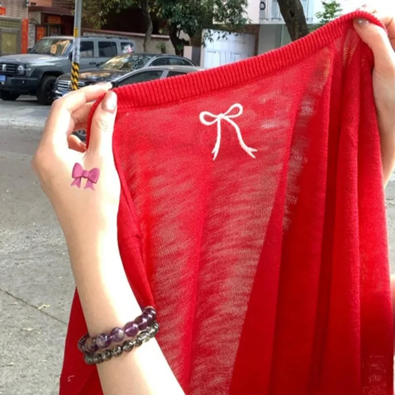 Korean Fashion Cardigan Women Summer Cropped Knitted Outwear Bow Embroidery Design Chic Sun-proof Ice-silk All-match Popular