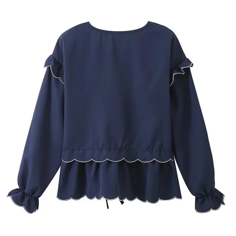 TRAF Ruffle Bow  Tops Women Top Spring Summer 2024 Blue V-Neck Lantern Long Sleeve Top Chic And Elegant Blouse New In Blouse