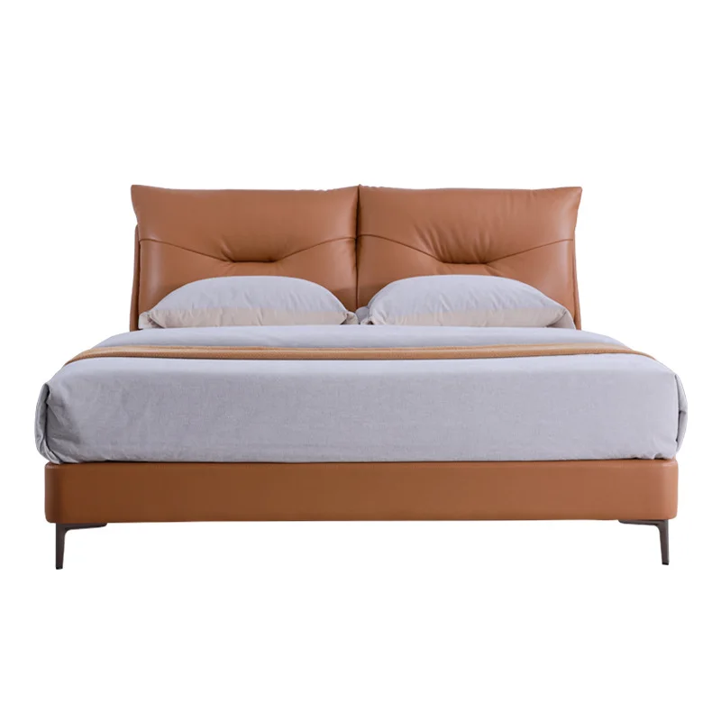 Cream medieval retro style leather bed 1.8 modern simple  flush edge high foot double leather art bed