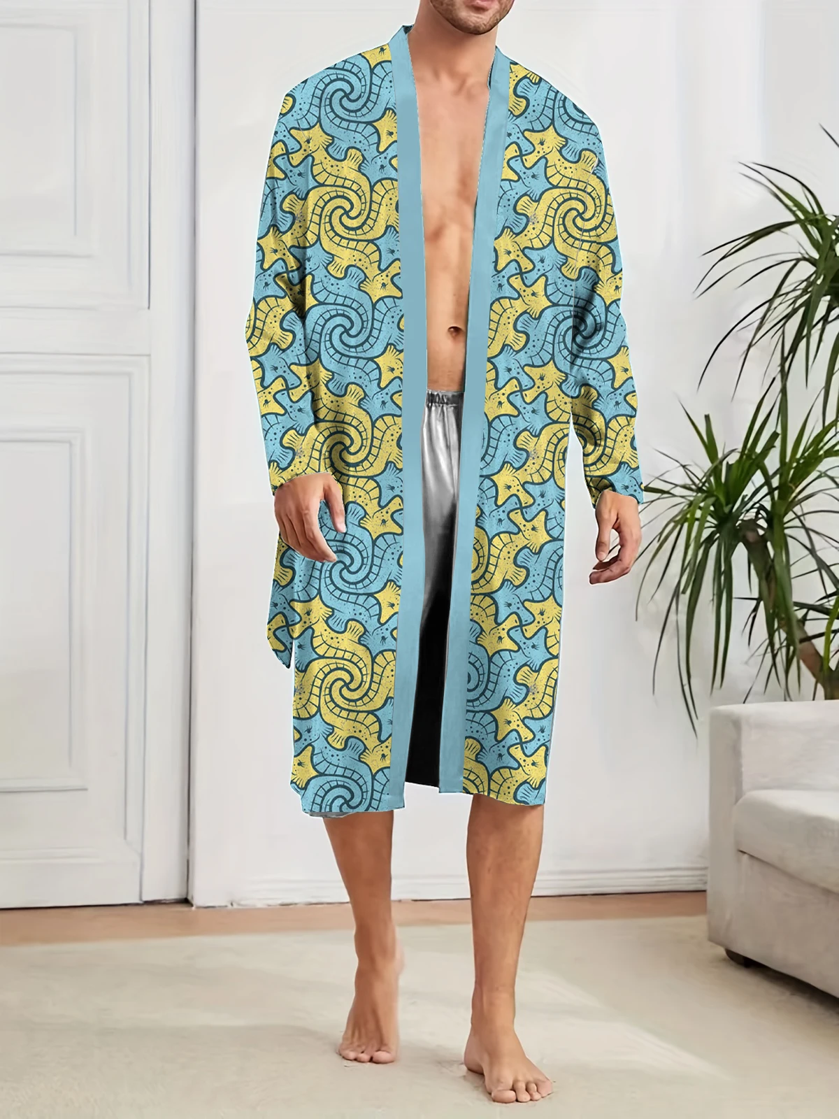 Spring and Autumn men's sleeping robe with digital printed seahorse pattern, home thin casual robe with quick drying