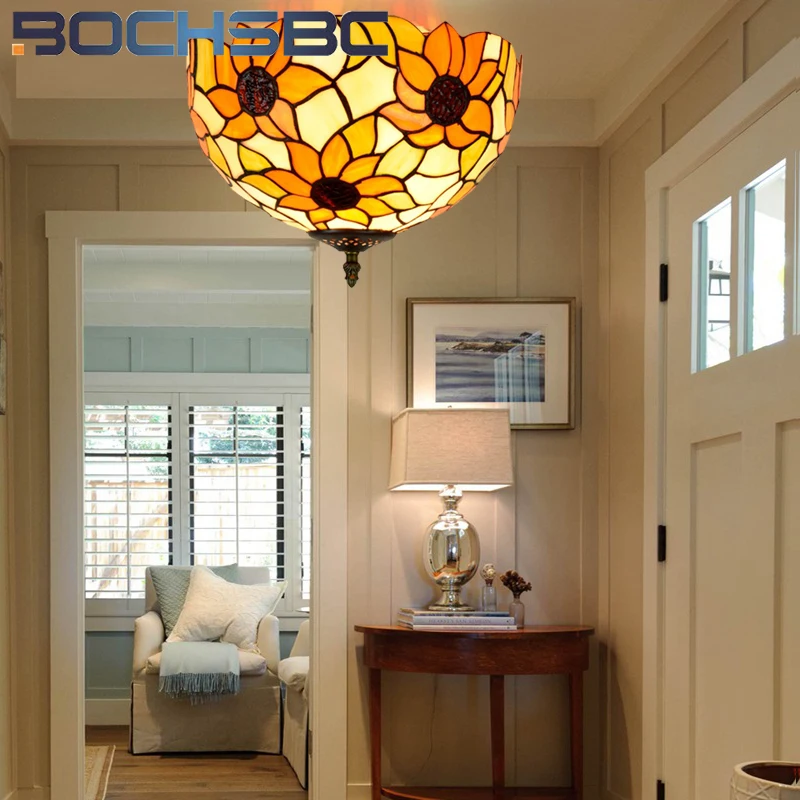 BOCHSBC Tiffany Sunflower Vintage style stained glass 12inch flush mount light deco the dining room bedroom hallway ceilinglight