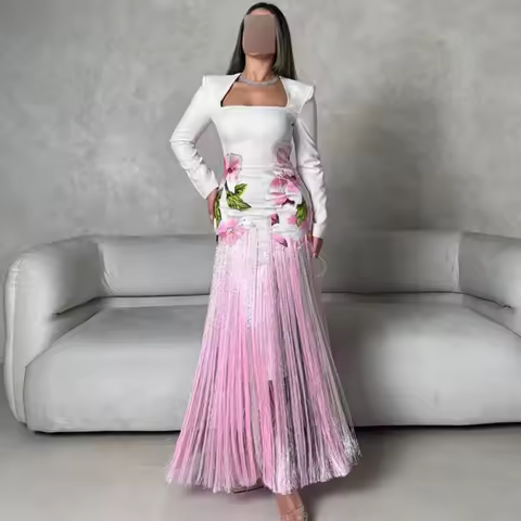 Charming Jersey Evening Dresses Exquisite Square Collar Long Sleeves Customized Homecoming Dress Embroidery Tassel Party Gowns
