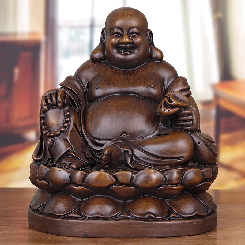 Maitreya Buddha Ornaments Solid Wood Carving Lucky Buddha Statue New Chinese Home Living Room Entrance Store Worship Wealth