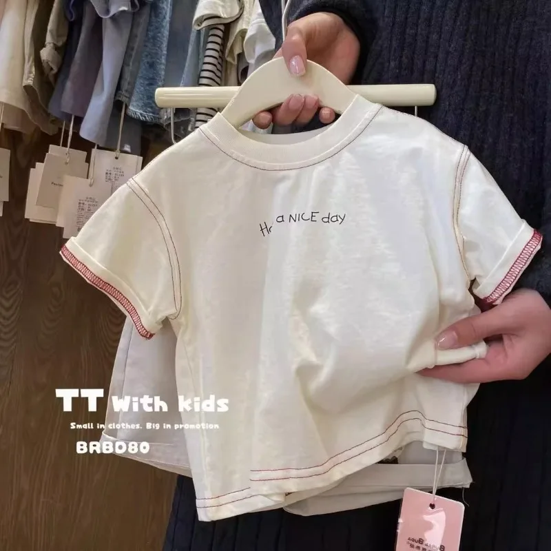 1-8 Jahre Kinder Kurzarm-T-Shirt mit Glockenärmeln, Sommer-Oberteil für Jungen mit Buchstabendruck, Baby-Mädchen Cartoon-T-Shirt, Kleinkind-Oberteil – Detail 3