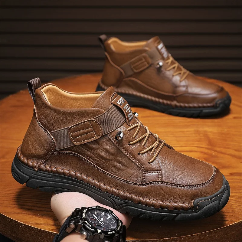 Fashionable Men's Hand Sewn Casual Ankle Breathable High Top Shoes Autumn Brand Men's Outdoor Anti Slip Soft Soled Hiking Boots