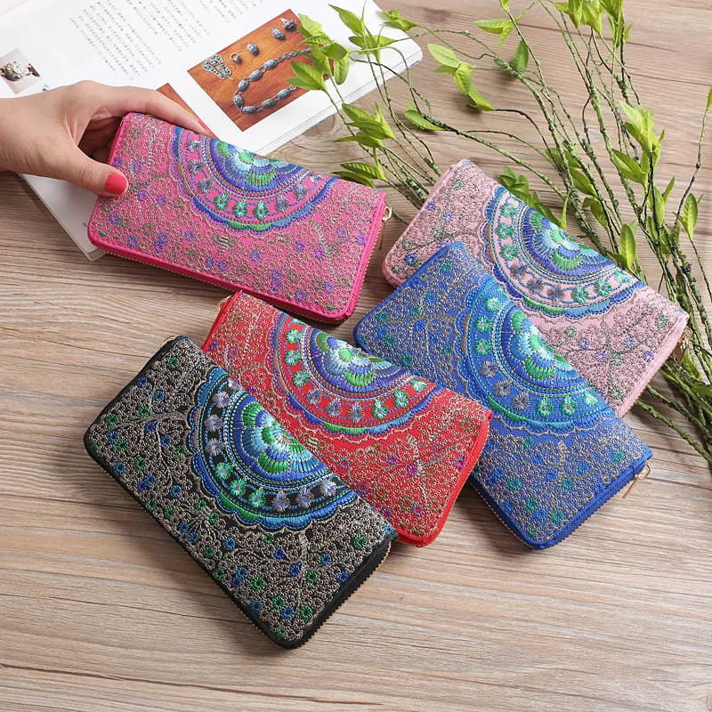 Ethnic Embroidery Flower Zipper Clutch Wallet Handbag Women Long Purse Bank Card Coin Pocket Credit Card Holder Cover Bag