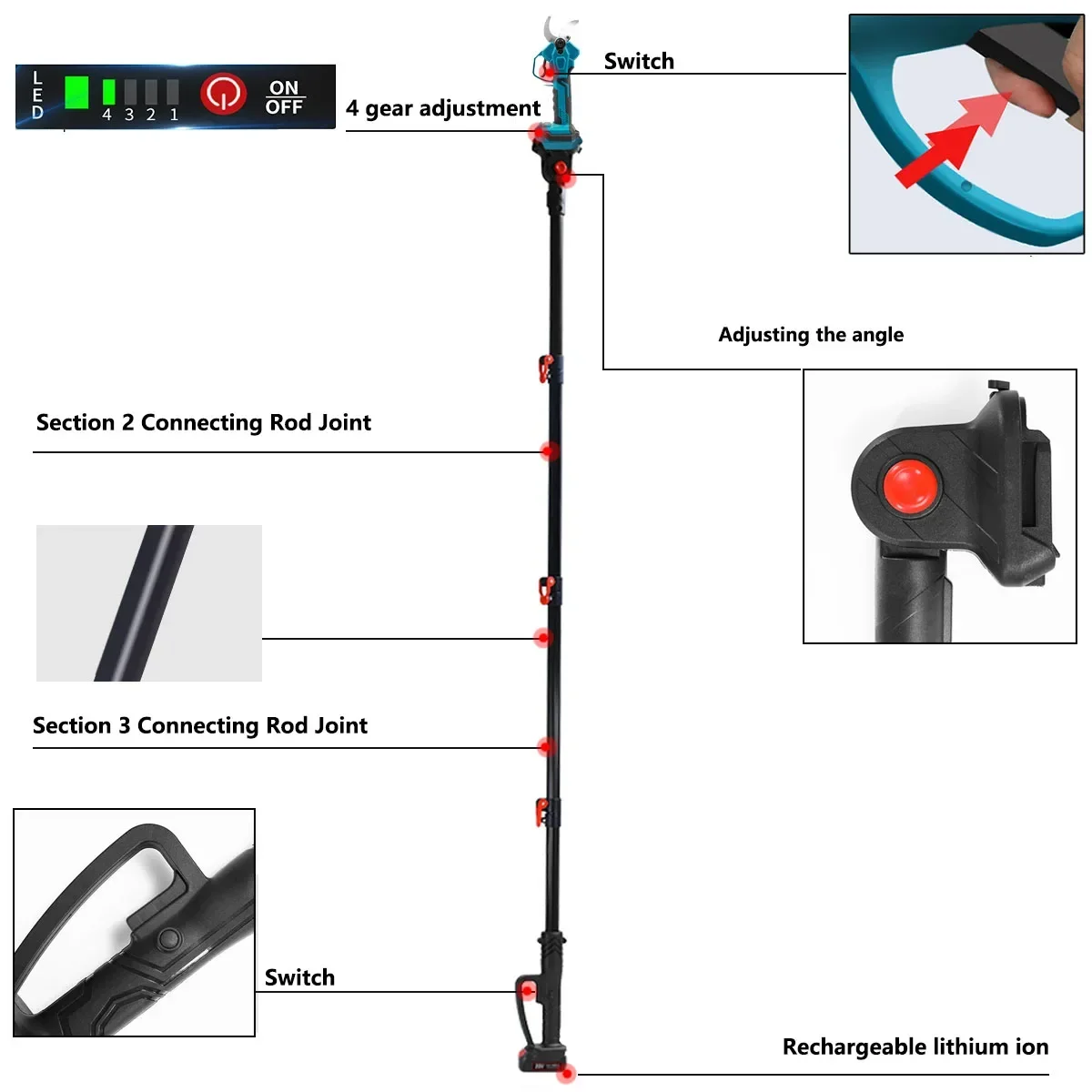 4 เกียร์ไร้สายไร้สายไฟฟ้ากรรไกร EXTENSION POLE Pruner กรรไกรตัดแต่งกิ่งที่มีประสิทธิภาพผลไม้ต้นไม้บอนไซตัดแต่งกิ่งสาขา