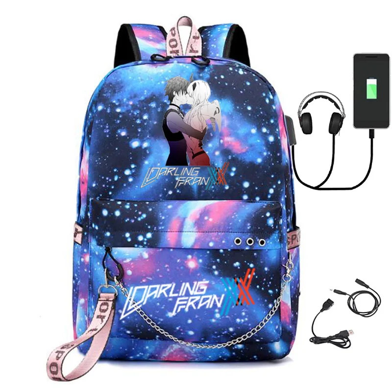 Popular Novelty DARLIN Ginthe FRANXX USB School Bags Unisex Print Oxford Waterproof Notebook multifunction Travel Backpacks