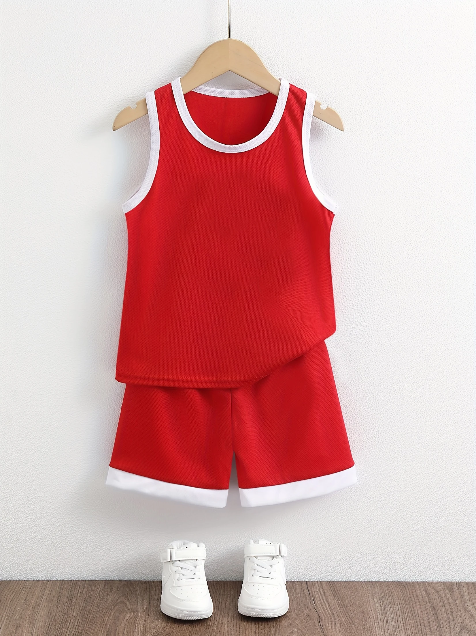 Girl Kids Boys 2-Piece Basketball Sport Set, Red White Contrast Trim Sleeveless Mesh Tank Jersey & Elastic Waist Quick Dry Athle