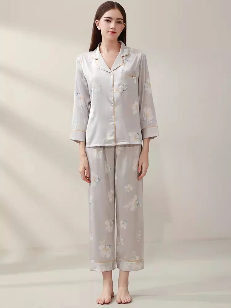 

Grey Floral Pure Mulberry Silk Pajamas Sexy Sleep Pajama Set 2 Pieces Luxury Suit Womens Set Elegant Ladies Real Silk Nightwear