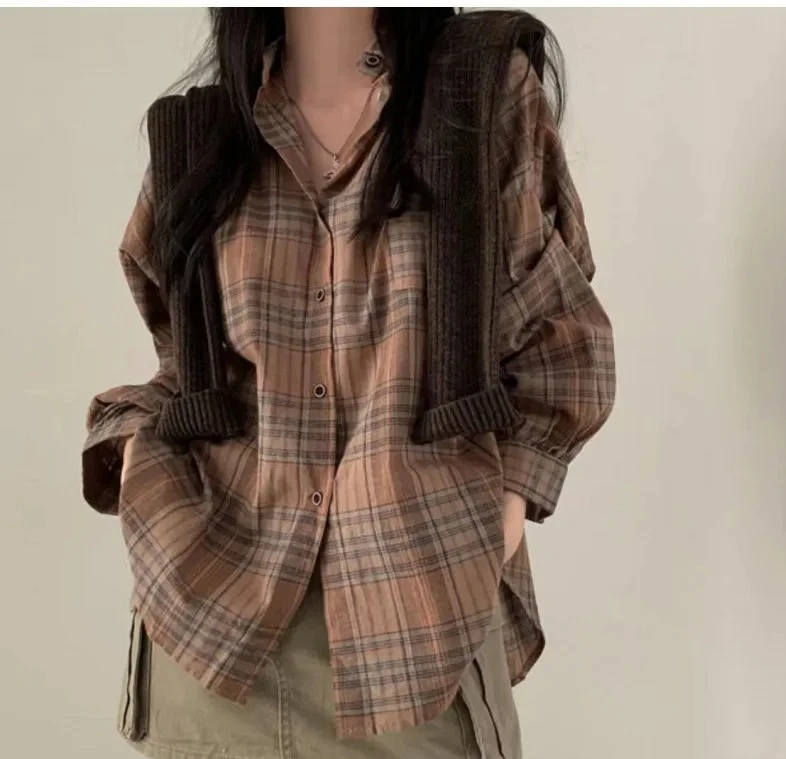 

Korean Style Chic Plaid Long Sleeve Loose Women's Shirt Jacket Autumn Spring Fashion RetroVersatile Outerwear