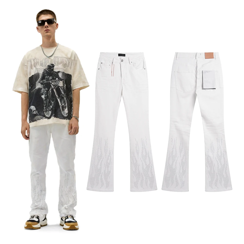 

Streetwear White Baggy Flared Jeans Hip Hop Street Style Casual Clothing Cotton Vintage Crystal Flame Pattern Flared Pants Men's