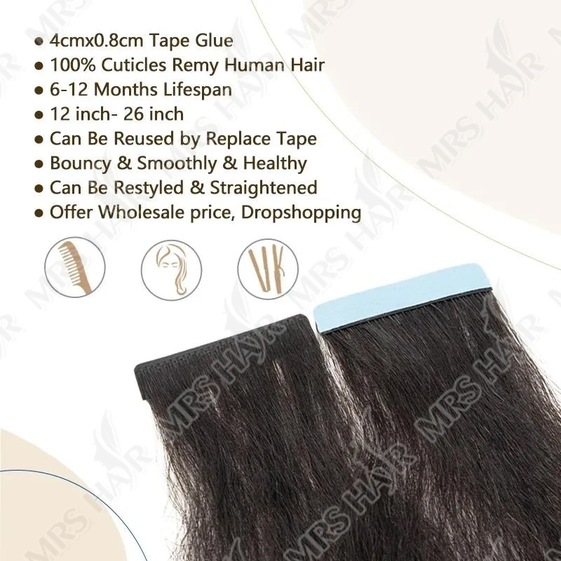 Nastro invisibile nelle estensioni dei capelli Nastro iniettato dritto Yaki dritto/chiaro crespo ins Colla con nucleo nero Remy Senza soluzione di continuità 20 pezzi