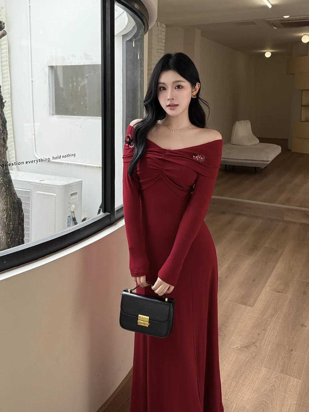 

Женское элегантное красное вечернее платье с 3D цветочным принтом и открытыми плечами, вязаное тонкое облегающее осеннее платье Y2K для вечеринок, банкета, халат