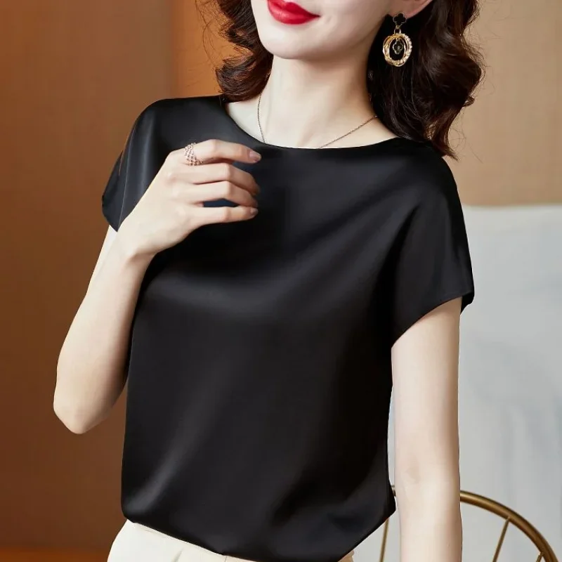 Summer Fashion Women Blouse Elegant Short Sleeve Shirts and Blouses Satin Basice Women Clothing Solid Corset Top New Ladies Tops