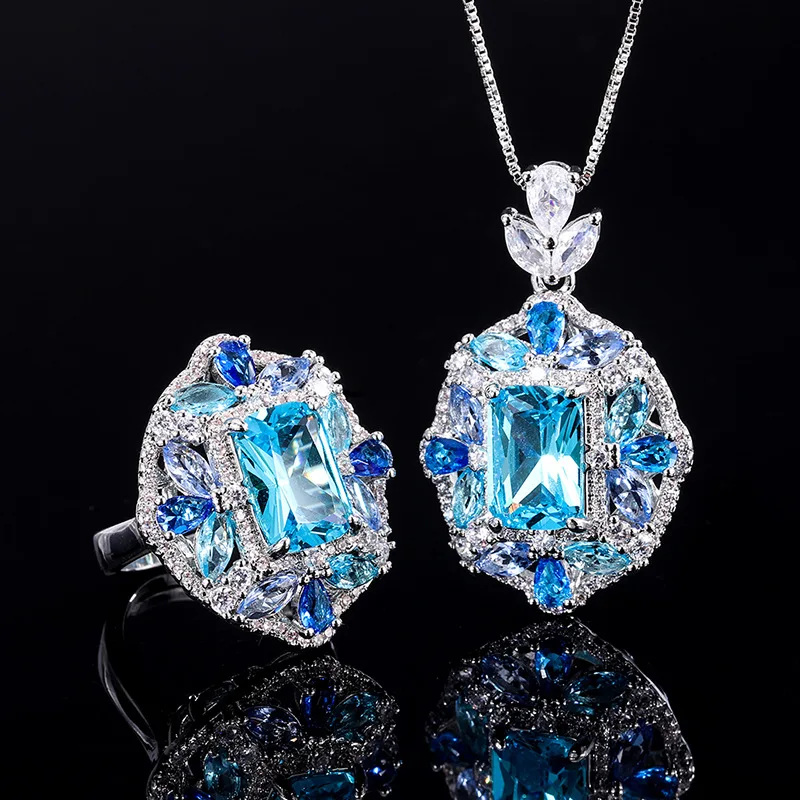 

S925 Silver Plated 18K Gold Plated PT950 Platinum Topaz Blue Ring Necklace Set Creative Full Diamond Luxury Inlaid Main 8*12
