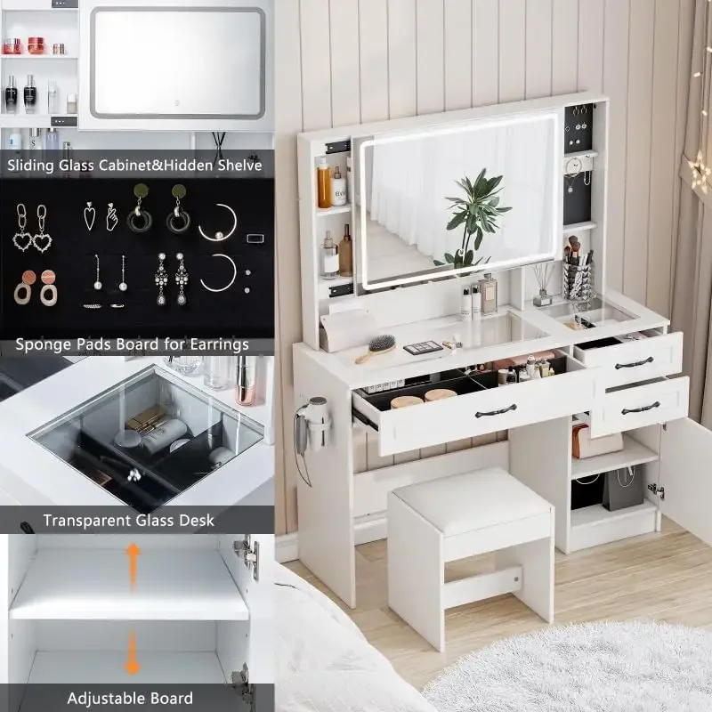 Makeup Vanity Table Set with Double Sliding & LED Lights Mirror, Large Vanity with Charging Station, Drawers & Multiple