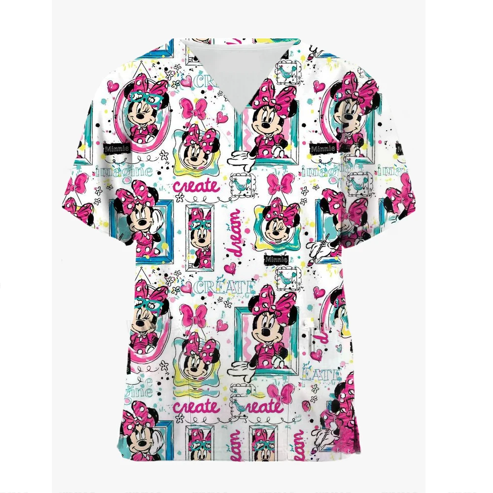 Tops Women Scrub Nurse Disney Mickey Mouse Cartoon V-Neck Tops Working T-Shirt Minnie Print Healthcare Tunic Carers Workwear Top