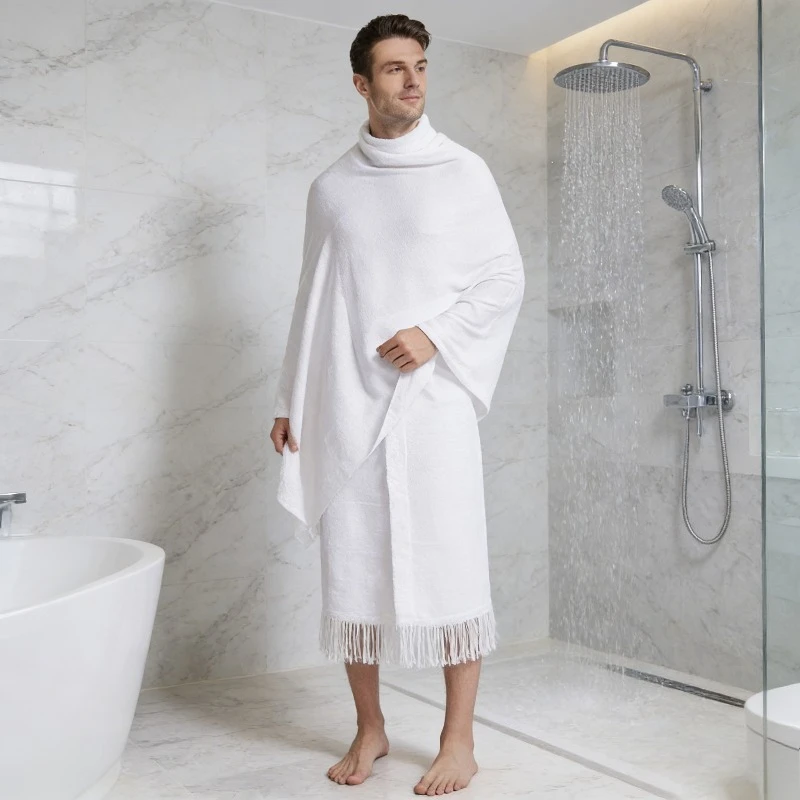 ชุดผ้าคลุมศีลเดินทางสีพื้นสำหรับฮัจญ์และอุมเราะห์ ชุดอิห์รอมสองชิ้นสำหรับผู้ชายชาวอาหรับตะวันออกกลาง