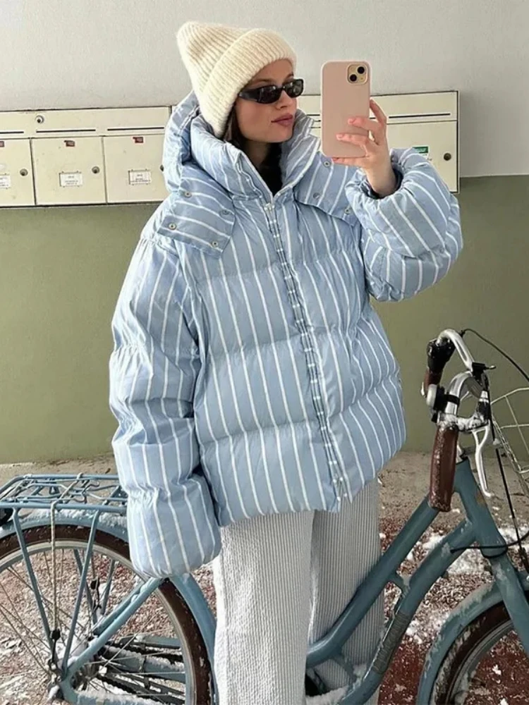 

Blue Striped Loose Hooded Cotton Jacket Women Causal Zip-up Full Sleeve Thick Warm Coat 2025 New Winter Quilted Female Outwear