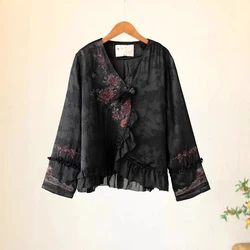 NEW Winter black jacket Vintage Rayon jacquard embroidery Thin cotton warm short coat Lightweight padding luxury Women's clothes