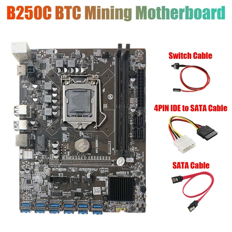 

Материнская плата для майнинга B250C с 4-контактным кабелем IDE-SATA + кабель переключателя + кабель SATA 12 PCIE на USB 3,0 стандарта LGA1151 для BTC