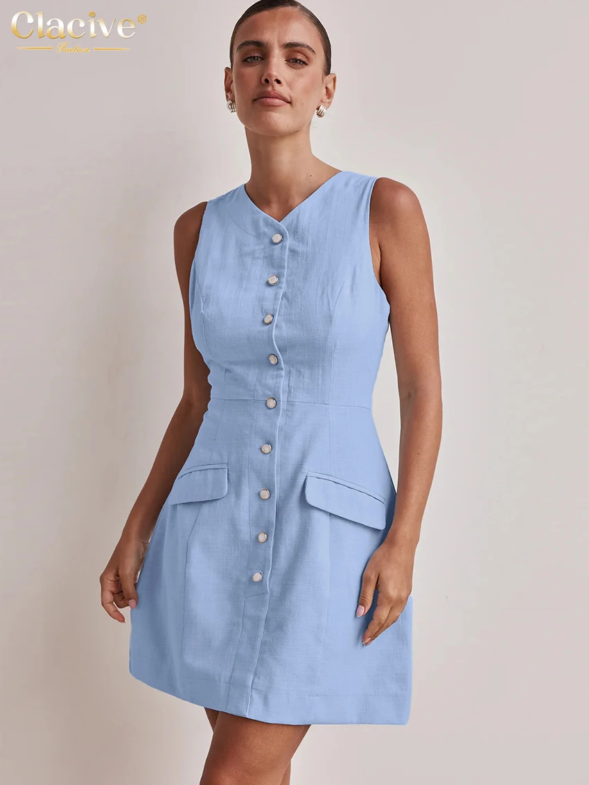 

Clacive Summer Slim Blue Cotton Women's Dress 2025 Bodycon V-Neck Sleeveless Mini Dresses Elegant Classic Pockets Female Dress