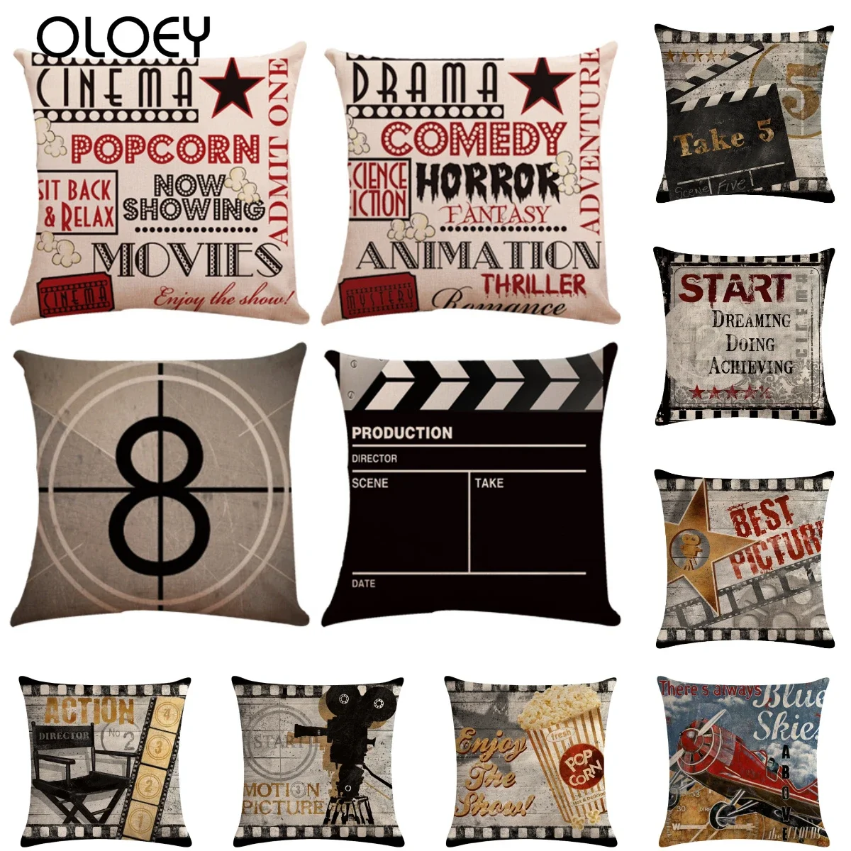 

Hot Sale Retro Movie Production Film Letters Cushion Cover Postage Stamp Linen Decorative Pillows Sofa Chair Throw Pillows Case