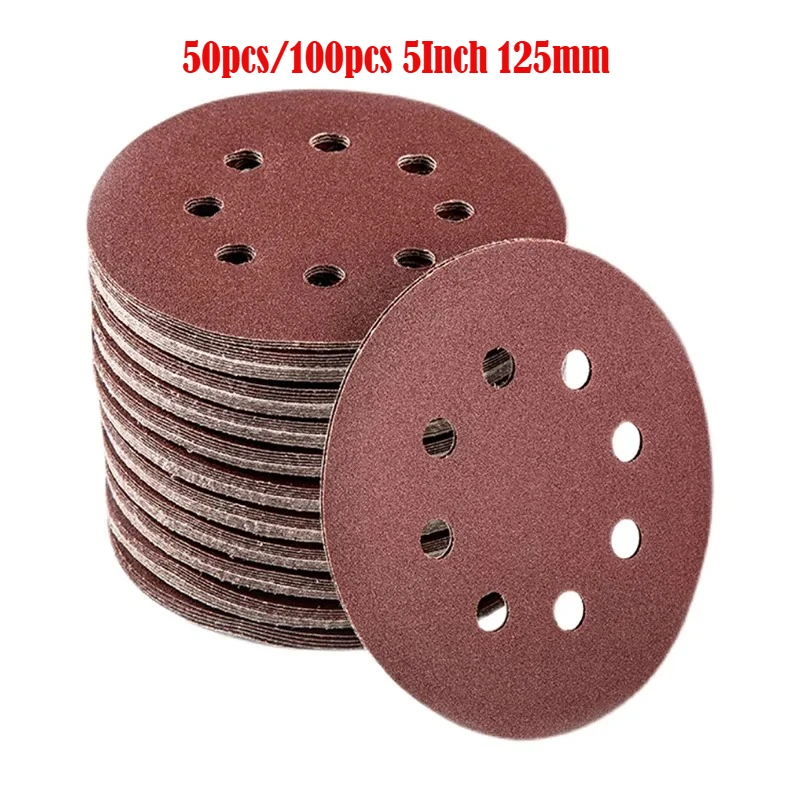 

50pcs/100pcs 5Inch 125mm 8 Hole Hook Loop Sanding Discs Sandpaper 60 120 180 240 400 Grits Sand Paper For Random Orbital Sander