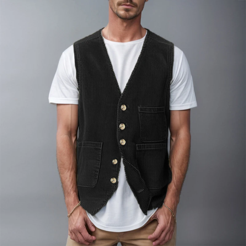 Vintage V Neck Corduroy Waistcoats Men Autumn Classic Solid Color Pockets Ribbed Vest Jacket Mens Fashion Sleeveless Slim Coats