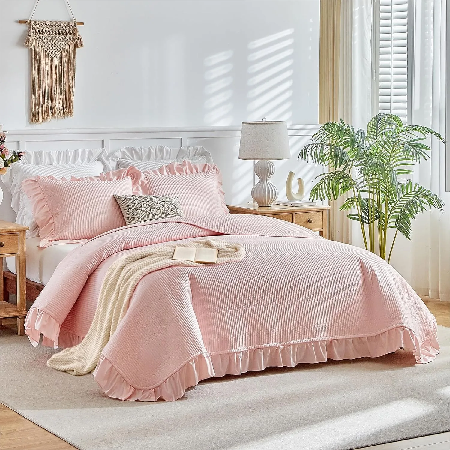 

Pink Ruffle Quilt Set Full/Queen Size, 3 Pieces Shabby Chic Farmhouse Striped Bedspread Coverlet Set, Solid Lightweight Soft