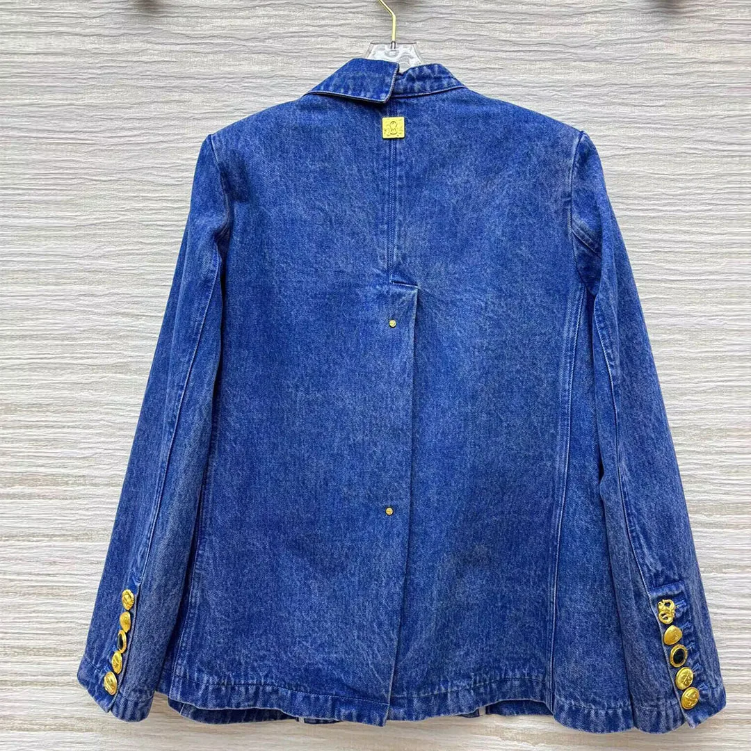 Snowflake Washed Denim Suit Jacket 2025 New Autumn Notched Patchwork Gold Single Breasted Pockets Chic Blazer