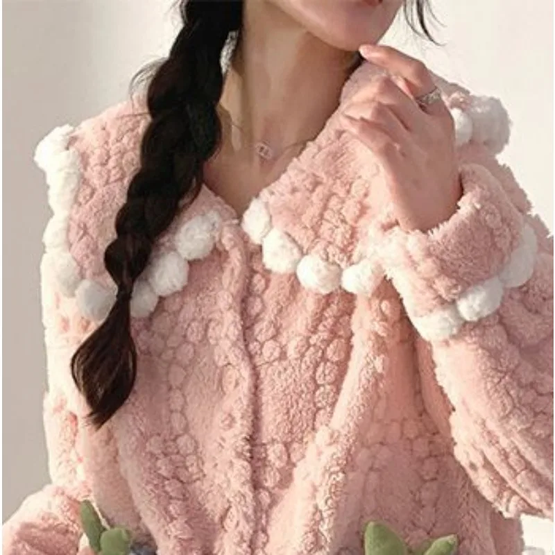 Girls Sleepwear Women's Coral Velvet Autumn Winter Loungewear Famale New Plush Thick Pajamas Set Doll Collar Student Home Outfit