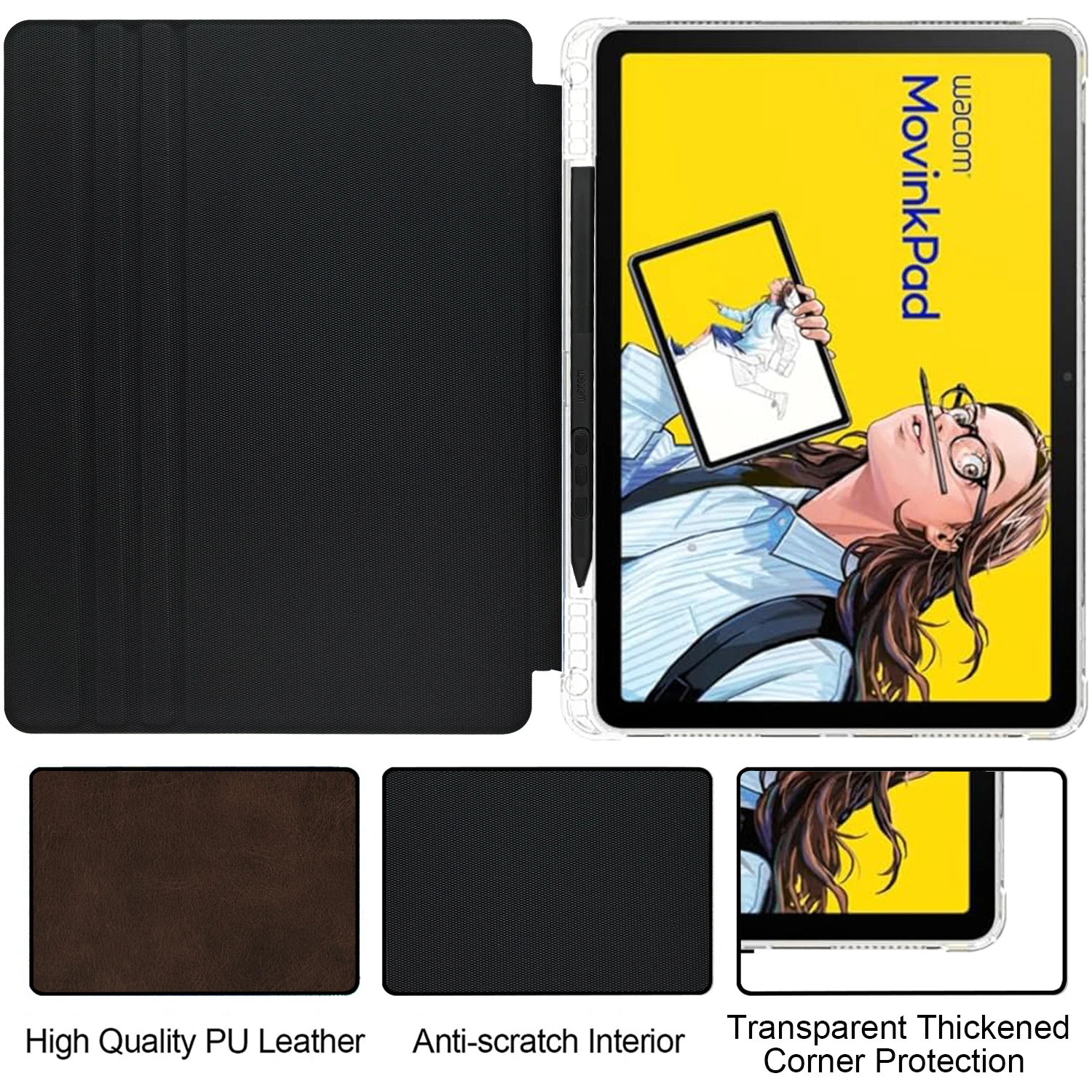 Case for Wacom Movinkpad 11 Tablet Transparent TPU Cover with Multi-angle Stand, Built-in Pen Holder, Magnetic Closure Buckle