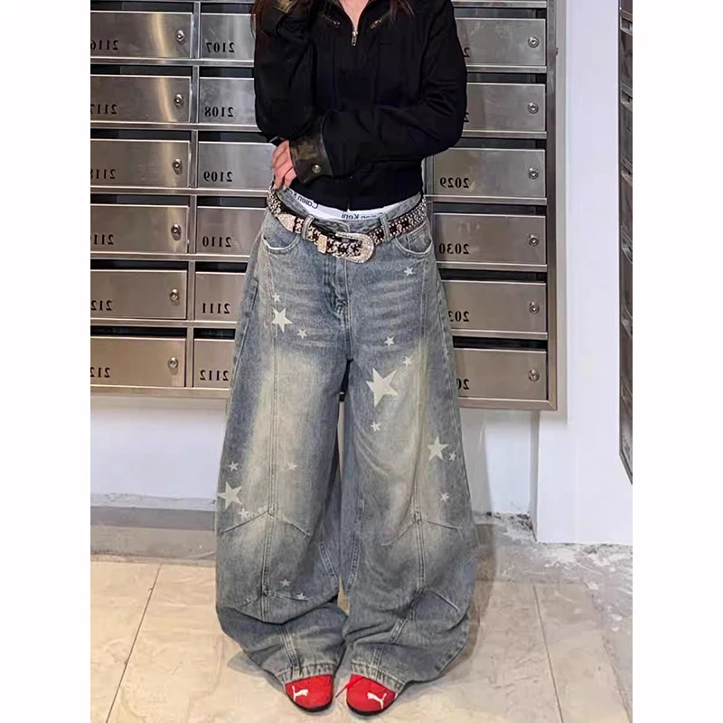 

Женские винтажные синие джинсы со звездами Y2k, осень 2024, эстетические мешковатые джинсовые брюки 2000-х годов, Harajuku, ретро, большие джинсовые брюки-бойфренды