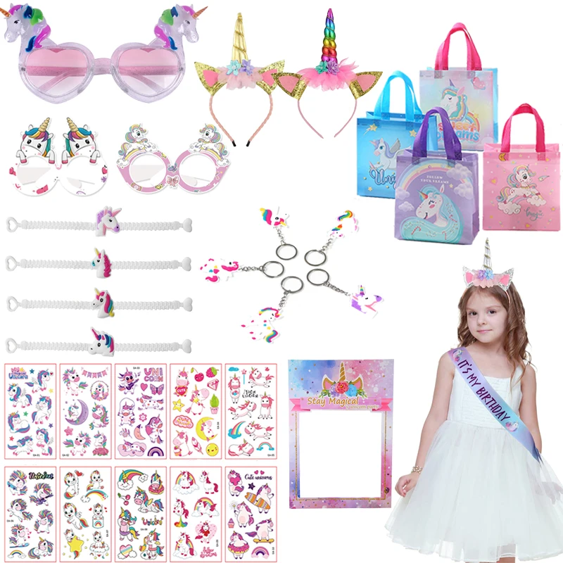 Unicorn Party Favors Supplies Unicorn Tattoos Stickers Headband Bracelets Rainbow Unicorn Gifts Toys Girls Birthday Party Decor