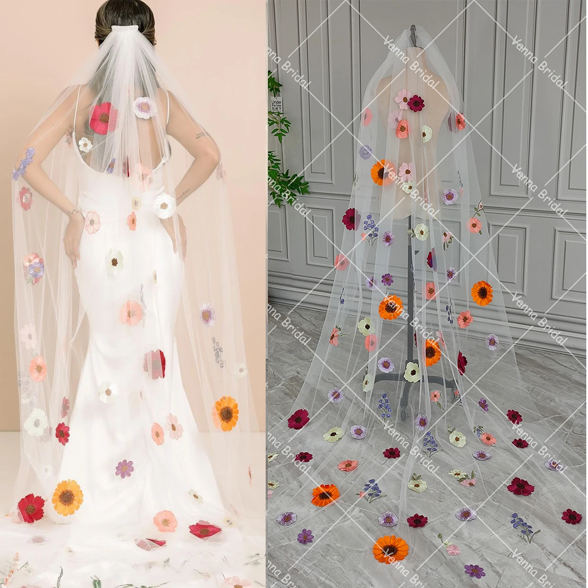 Cathedral Embroidery Floral Wedding Veils With Comb Customized One Layer Mesh Long Drag Bridal Headpiece