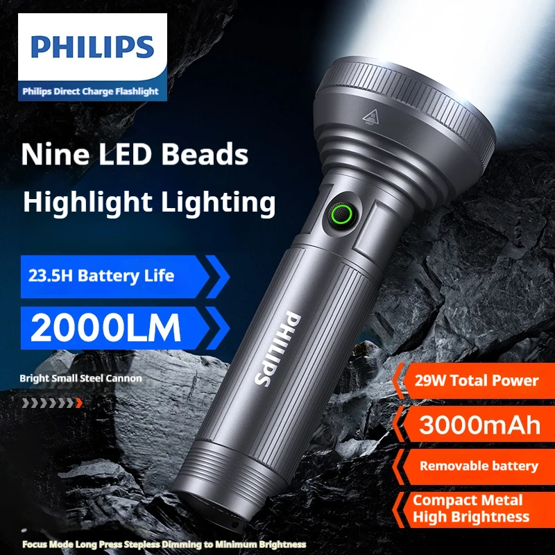 PHILIPS 2025 ใหม่ SFL6252 ไฟฉาย LED กำลังสูงไฟฉายแคมป์ปิ้งพร้อม 9 ลูกปัดโคมไฟแบบพกพาแบบชาร์จไฟได้โคมไฟ