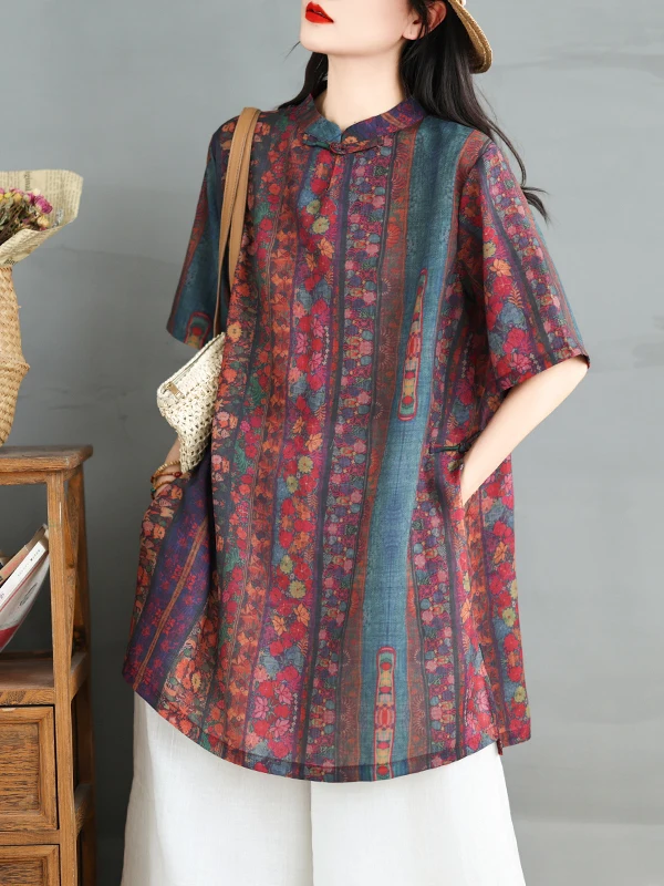 Atasan Wanita Model Longgar Bahan Campuran Linen Katun, Panjang Sedang, Motif Bunga Vintage Musim Panas, Kancing Depan, Model Pear aped Body pe