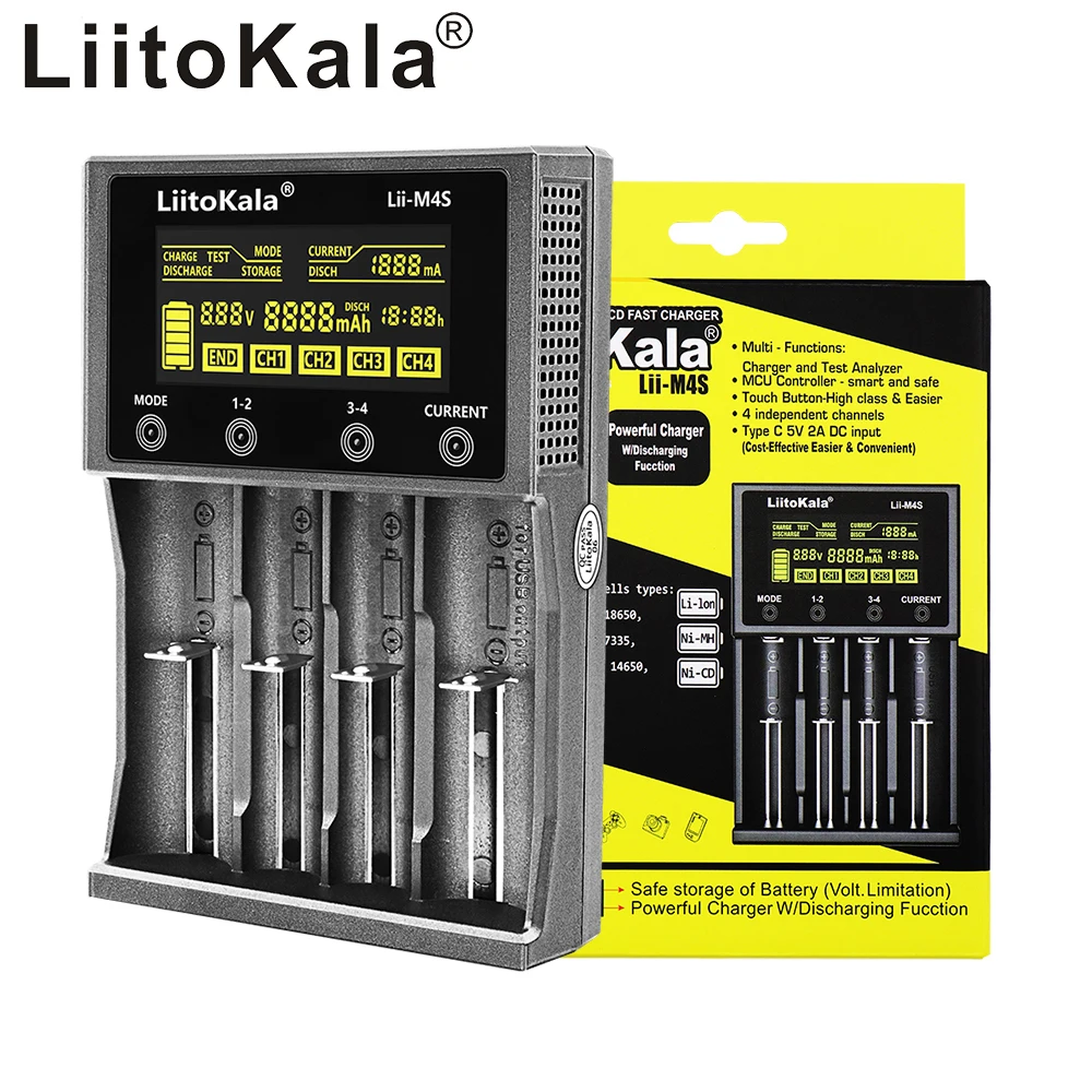 LiitoKala Lii-M4S 18650 cargador inteligente pantalla LCD para 26650 21700 32650 20700 21700 16340 AA AAA batería