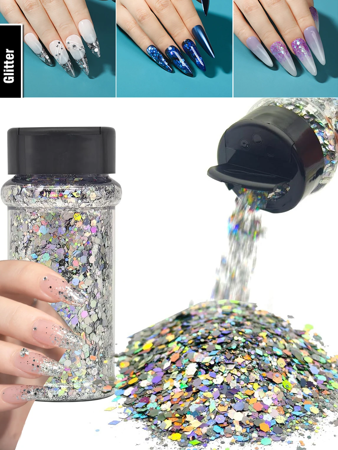 Silberner holografischer Nagelglitzer – 2 Unzen Glitzermischung, grober Glitzer, große Farben im Shaker, Nagelglitzerdekoration – Detail 24