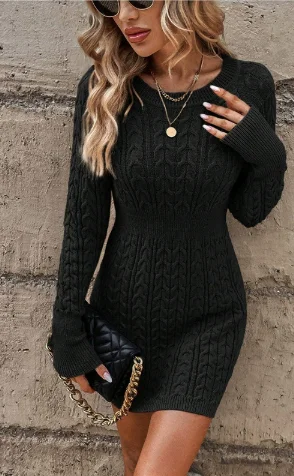 เดรสไหมพรมแขนยาวทรงเข้ารูปเอวสูงแฟชั่นใหม่ปี 2025 สำหรับผู้หญิง สีพื้นเรียบหรู คอทรงกลม สไตล์มินิเดรส สำหรับฤดูใบไม้ร่วง