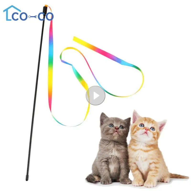 1Pc Funny Rainbow Cat Teaser Stick Toys Double-sided Rainbow Ribbon Funny Cat Stick Plastic Cat Interactive Toys Pet Supplies