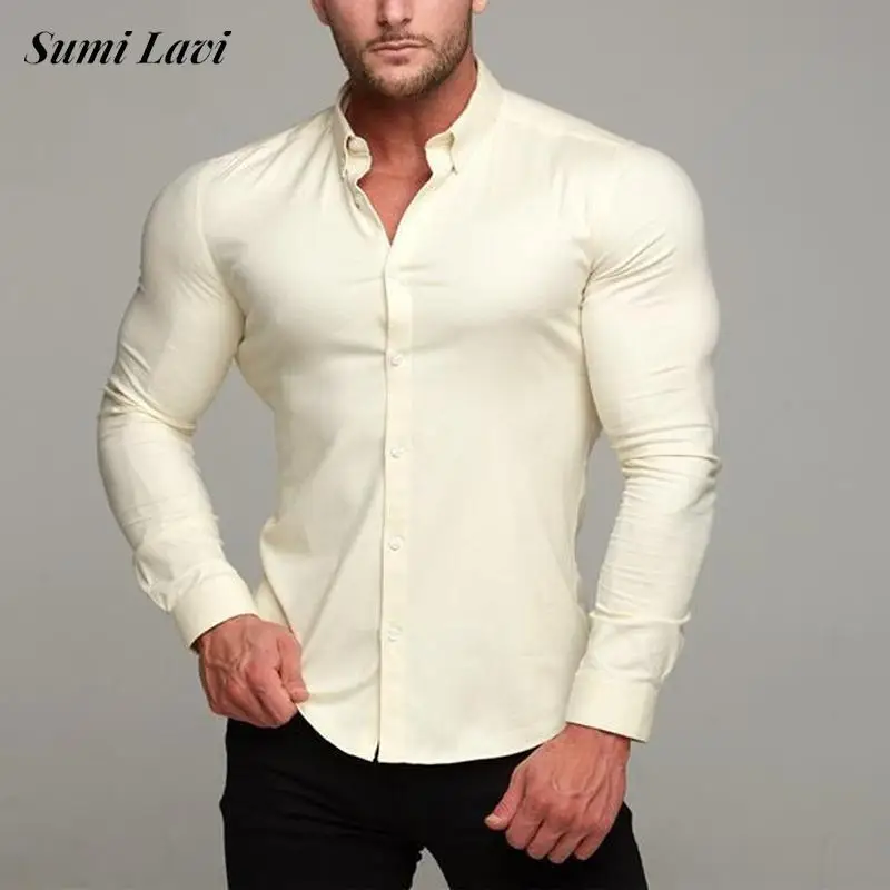 

Mens Solid Color Casual Shirts 2024 Spring Long Sleeve Stretch Slim Fit Shirt Men Tops Fashion Turn-down Collar Button-up Shirts