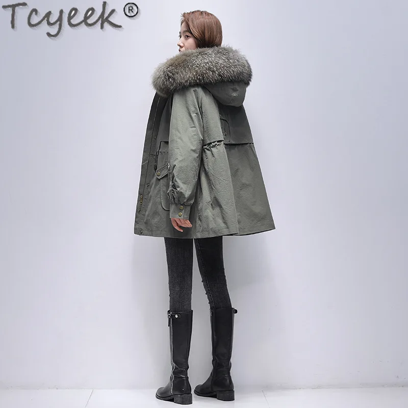 Tcyeek-Chaqueta desmontable con forro de piel de conejo Rex para mujer, Parka media-larga, ropa de invierno para mujer, Cuello de piel de mapache cálido, elegante, 2023