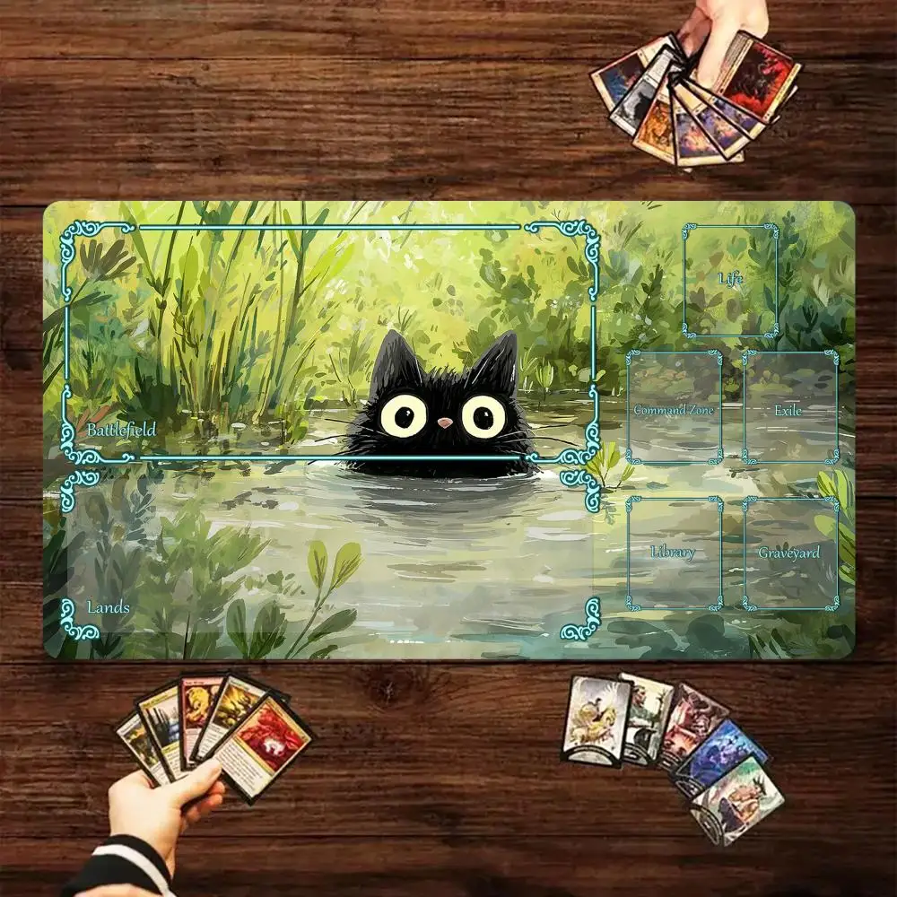 Magic Card Spielmatte mit Zone, niedliches schwarzes Katzen- und Pflanzenthema, MTG-Spielmatte, sammelnde Gaming-Matten, Schreibtischunterlage, Commander Battle-Spielmatte