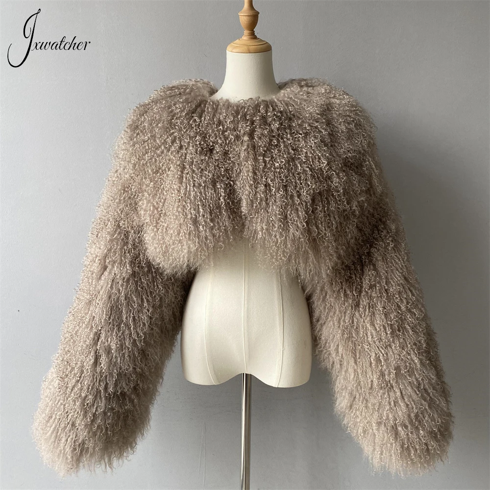 Jxwatcher Real Mongolian Sheep Fur Coat Women Fashion Short Cropped Natural Fur Jacket Ladies Fluffy Fur Coats Winter Plus Size