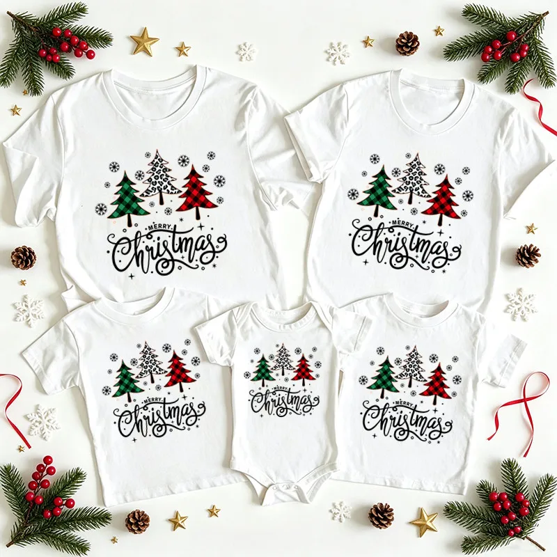 Christmas Family Matching Outfits Mom Dad Baby Xmas Trees Print T-shirt & Baby Romper Merry Christmas Family Shirts