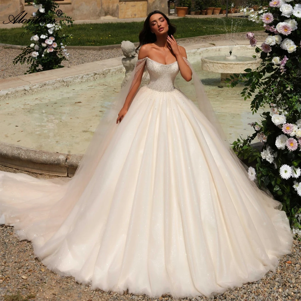 

Alonlivn Luxury Beading Pearls Ball Gown Princess Wedding Dresses Off The Shoulder Boat Neck Bridal Gowns